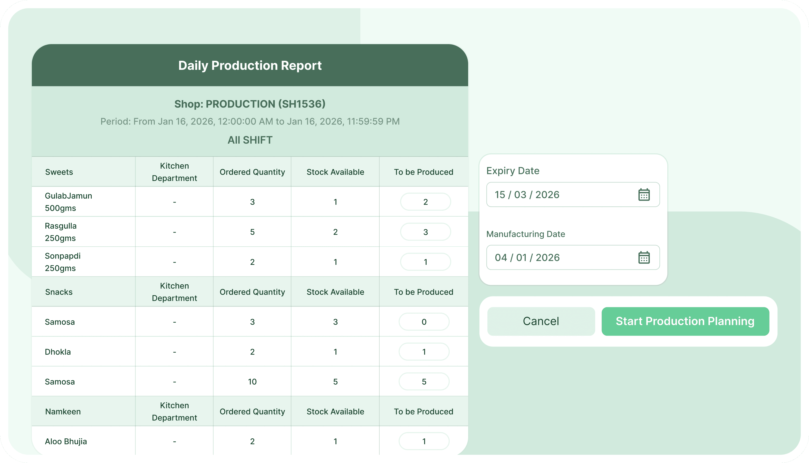 Production Planning & Freshness Tracking