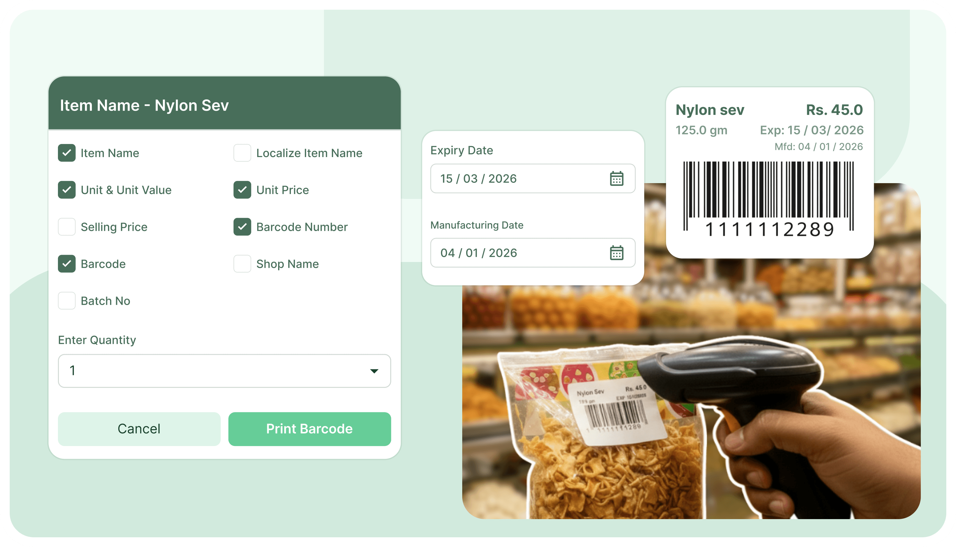 Barcode Label Printing & Scanning in Sweet Shop Billing Software